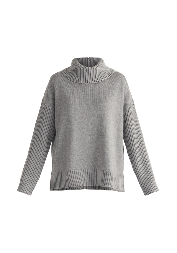 Polo Neck Jumper with Ribbed Details in Grey Cut Out